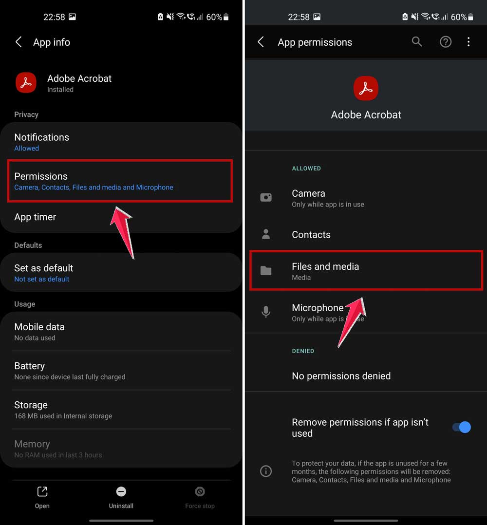 click on permissions and then allow media permission for pdf app in settings in android