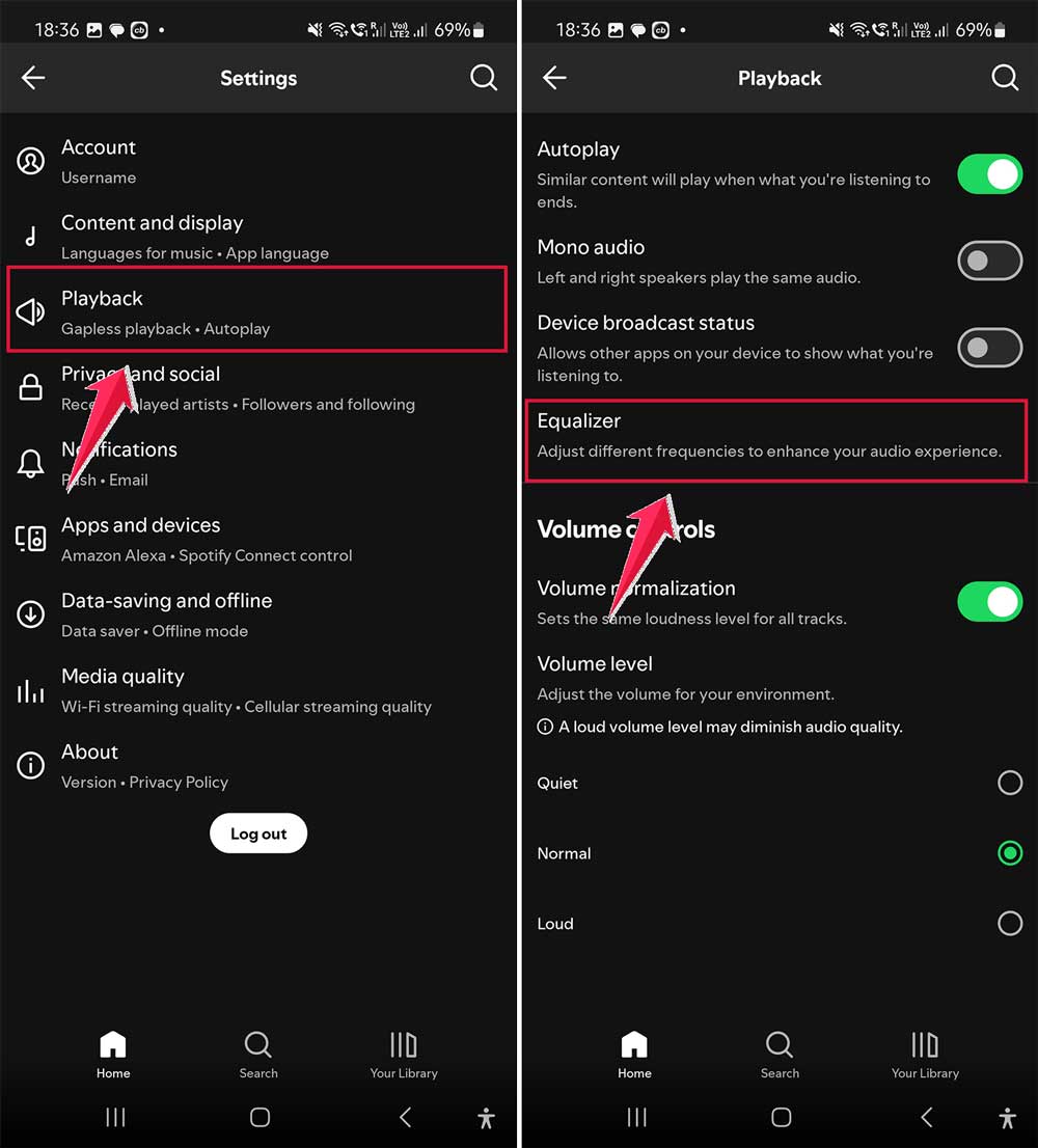 click on playback then tap on equalizer spotify app android