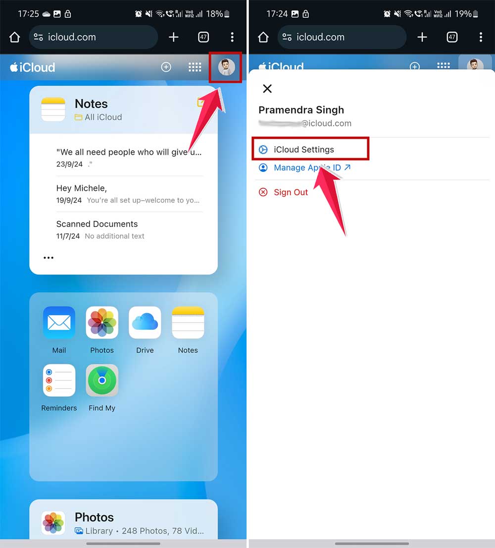 click on profile icon and then click on icloud settings in chrome in android