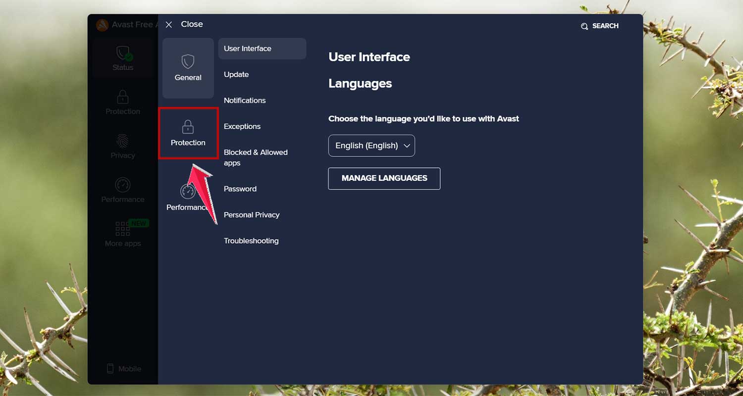 click on protection in settings in antivirus
