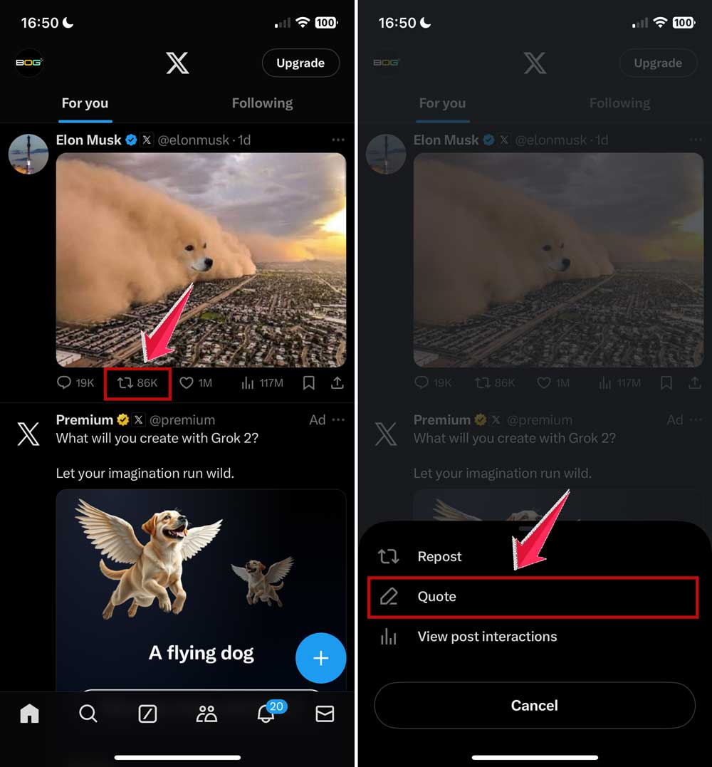 click on repost icon and then click on quote on x app in iphone