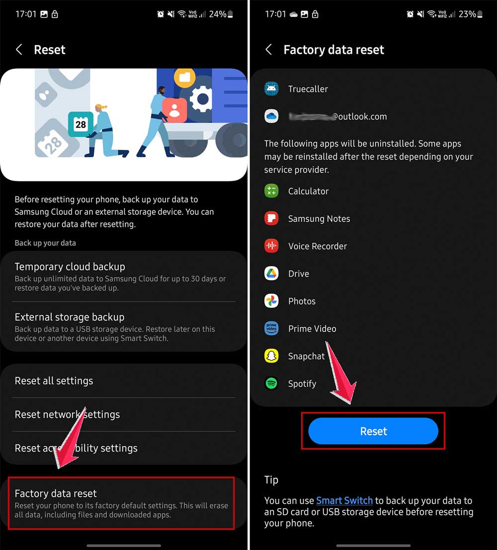 click on reset in factory reset settings in android click on reset in factory reset settings in android