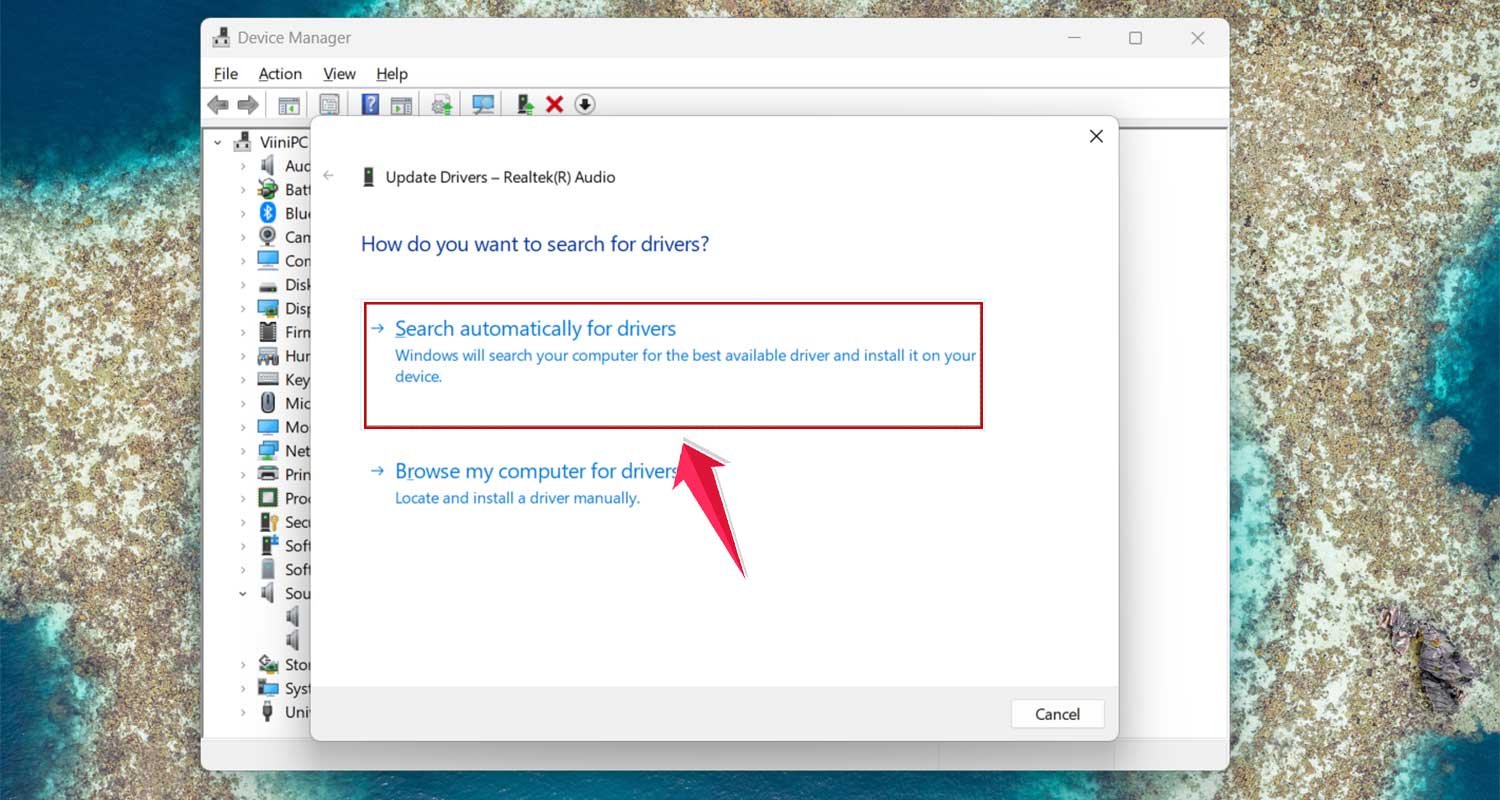 click on search automatically for drivers for audio driver in windows