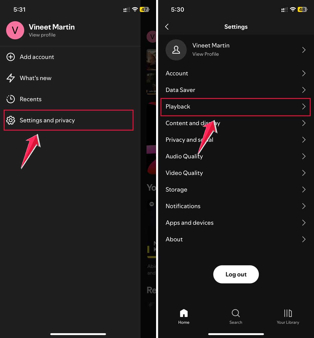 click on settings and privacy then click on playback