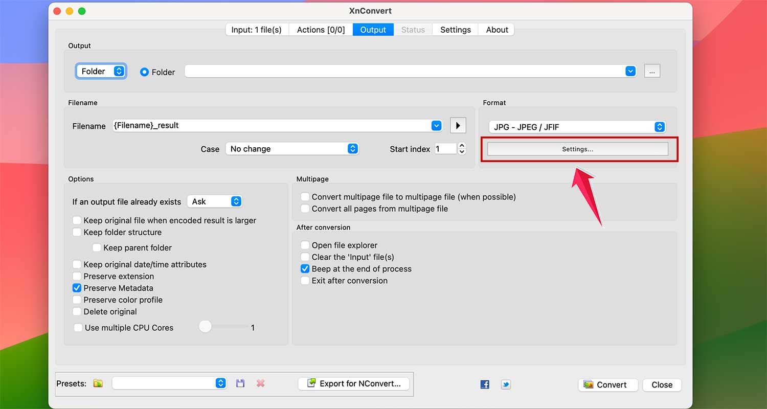 click on settings under output format in xn convert app in mac click on settings under output format in xn convert app in mac