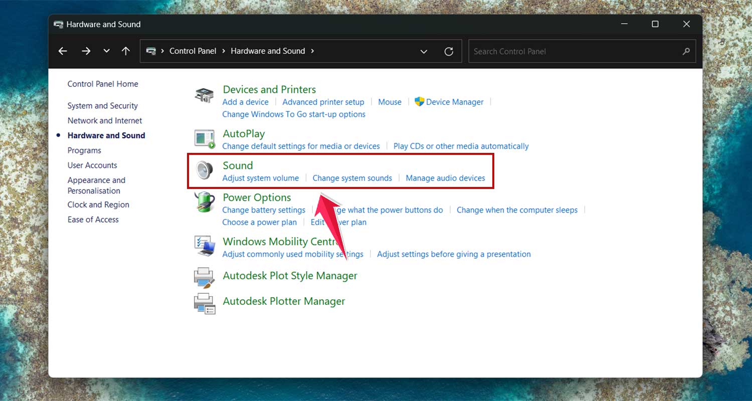 click on sound in control panel in windows