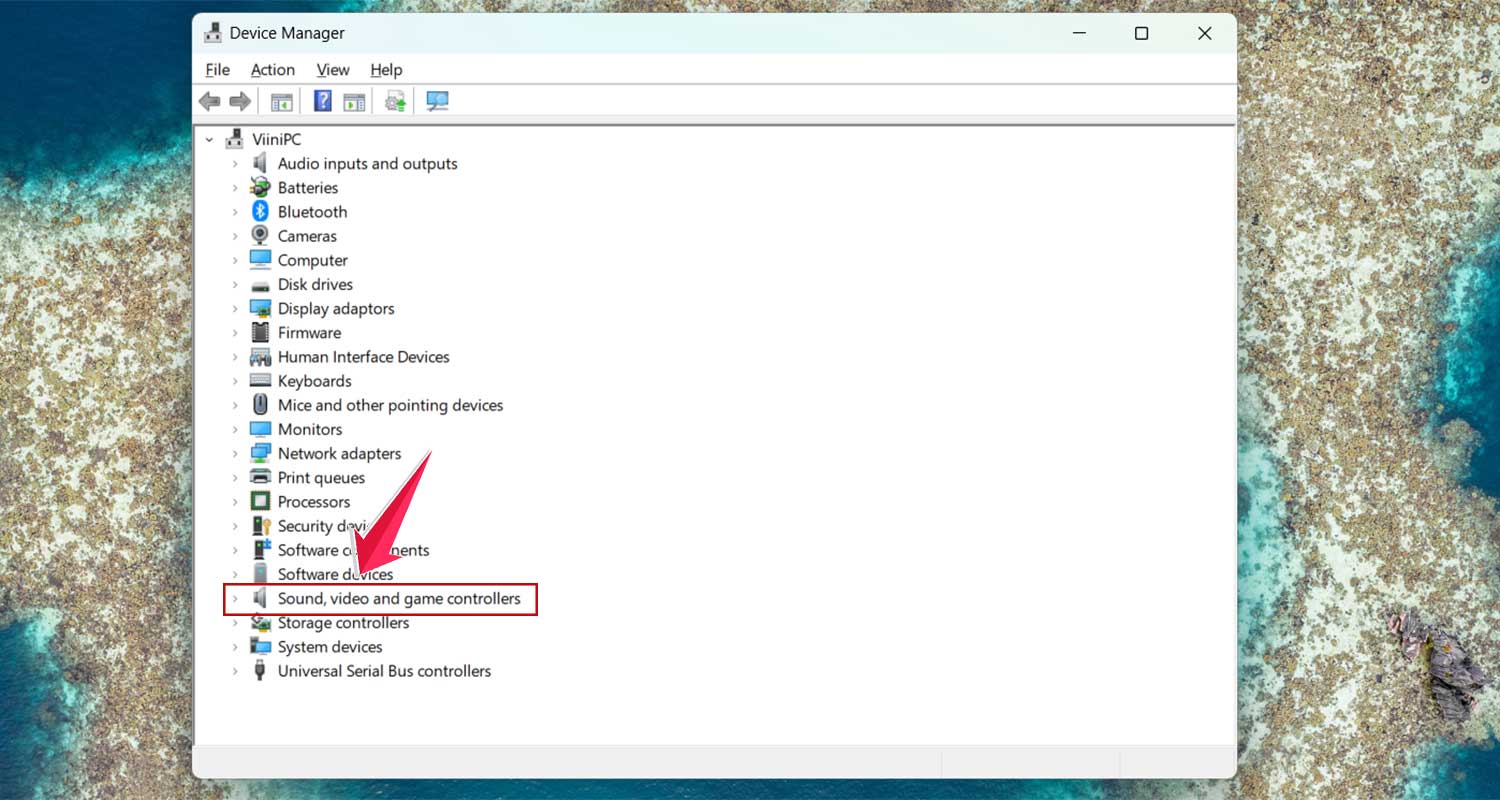 click on sound video and game controllers in device manager in windows