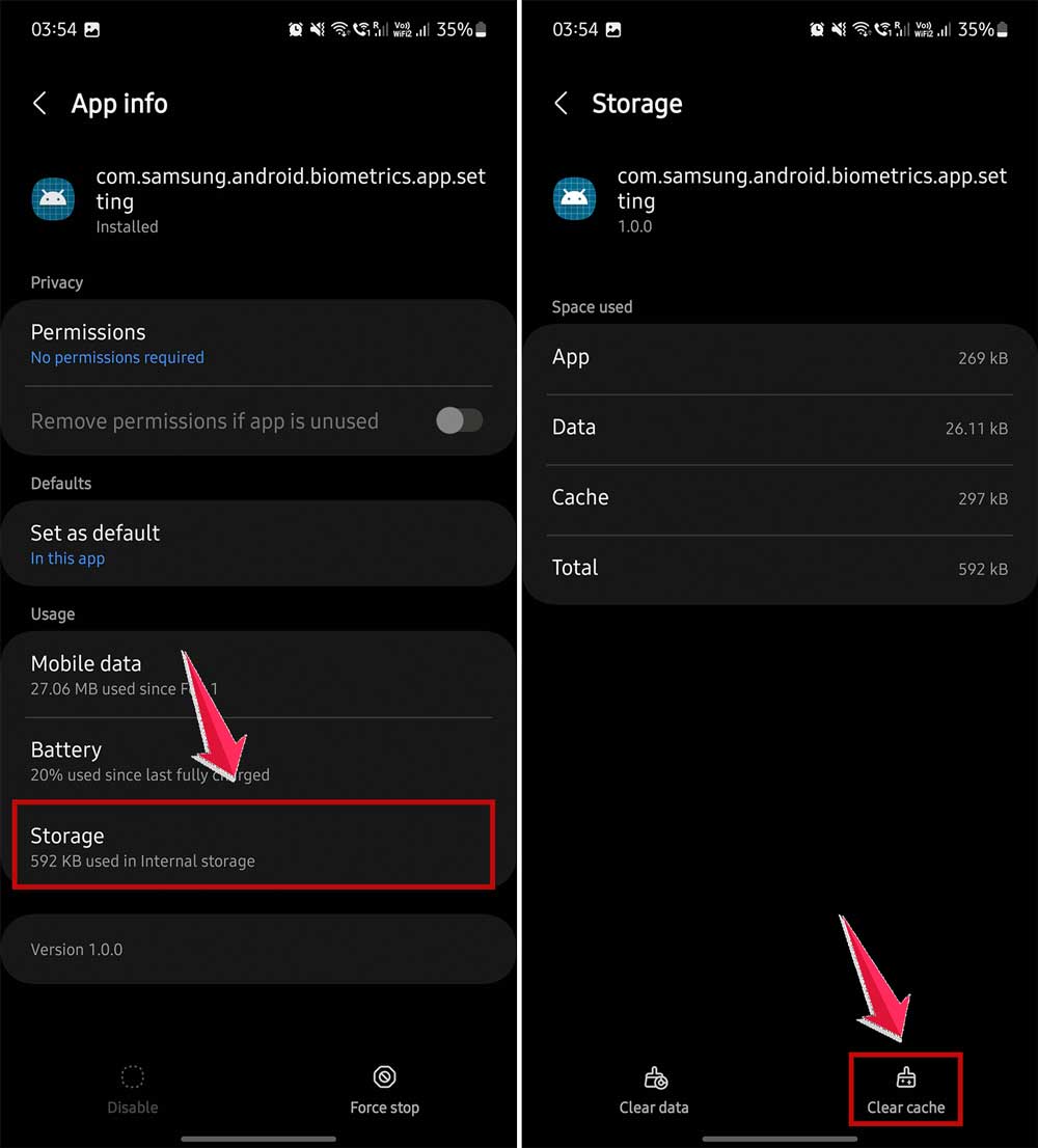 click on storage and then click on clear cache in biometrics app in android click on storage and then click on clear cache in biometrics app in android