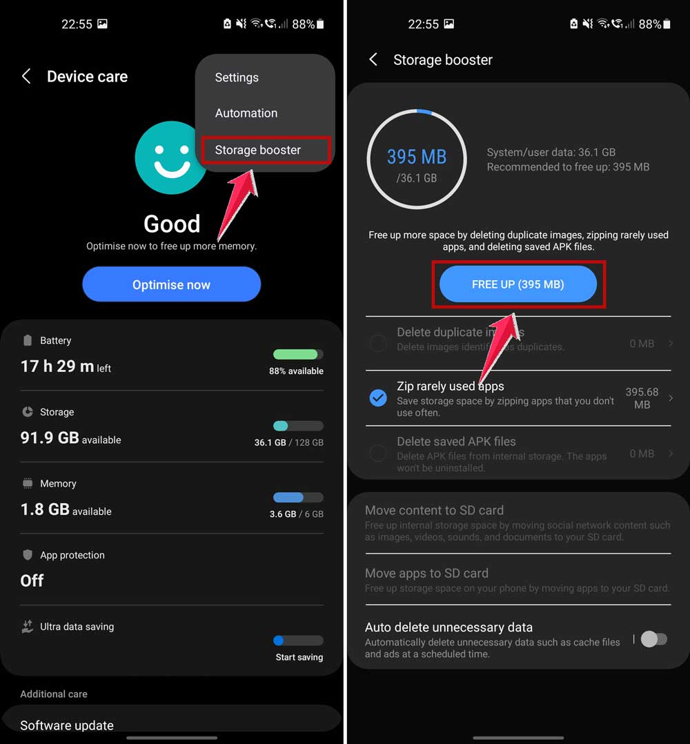 click on storage booster and tap free up space in settings in android