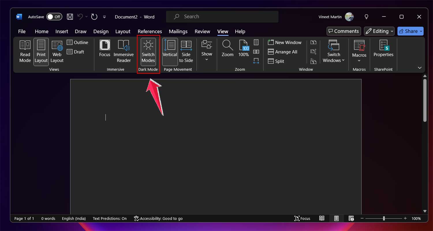 click on switch modes icon in ms word