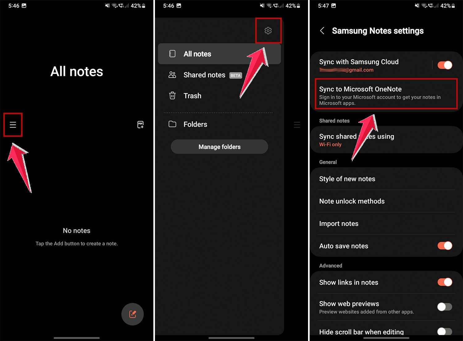 click on sync to microsoft onenote in samsung notes app in phone