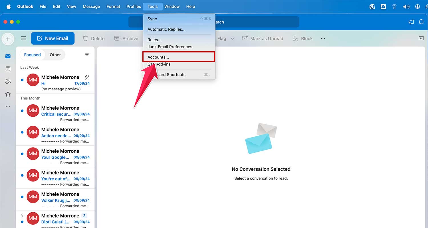 click on the accounts in outlook app in mac click on the accounts in outlook app in mac