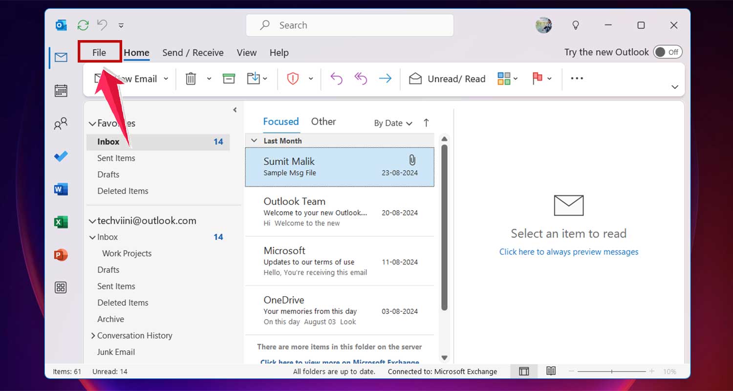 click on the file option in outlook app in windows click on the file option in outlook app in windows