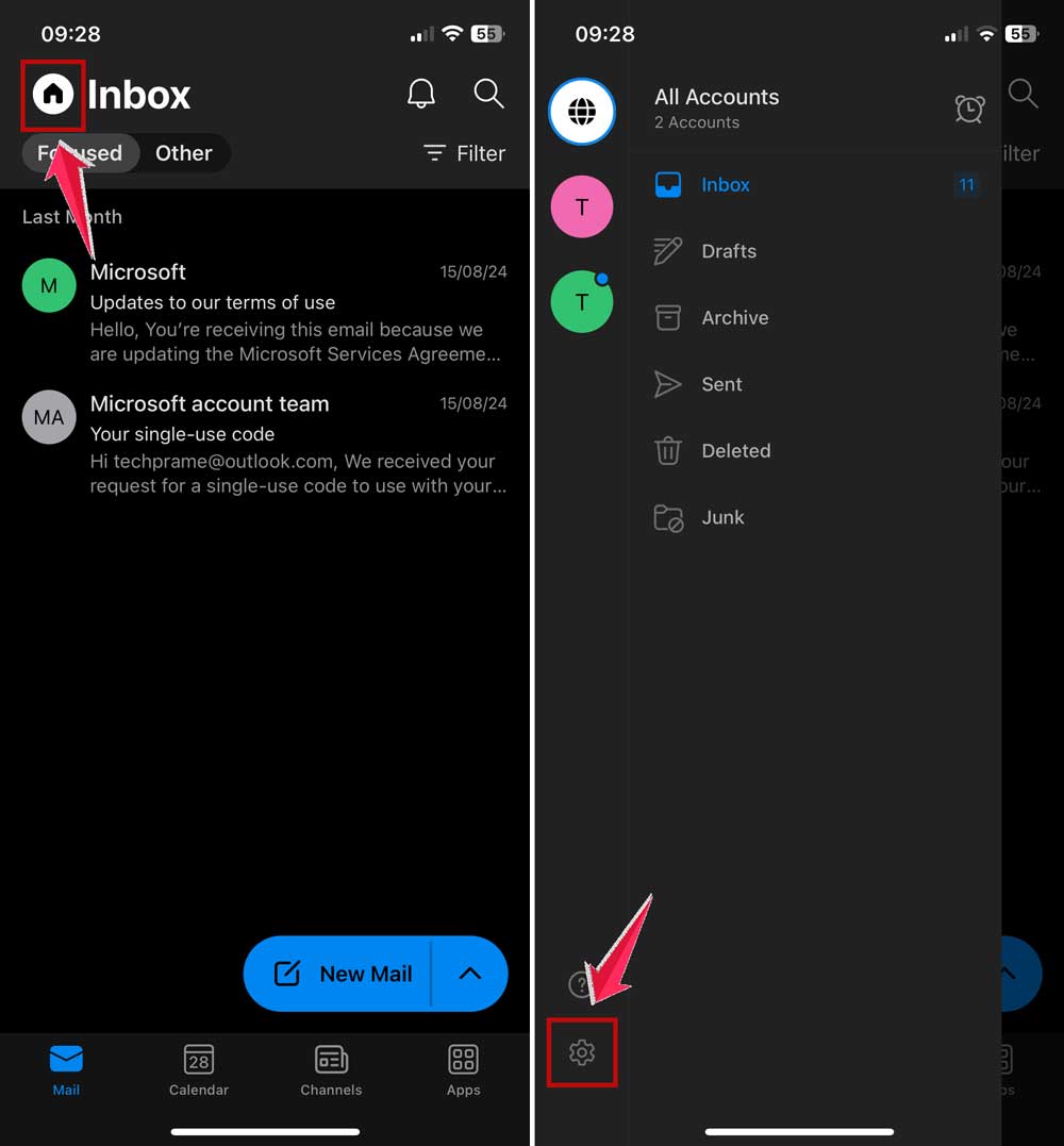 click on the home icon and then on the settings icon in outlook app in iphone