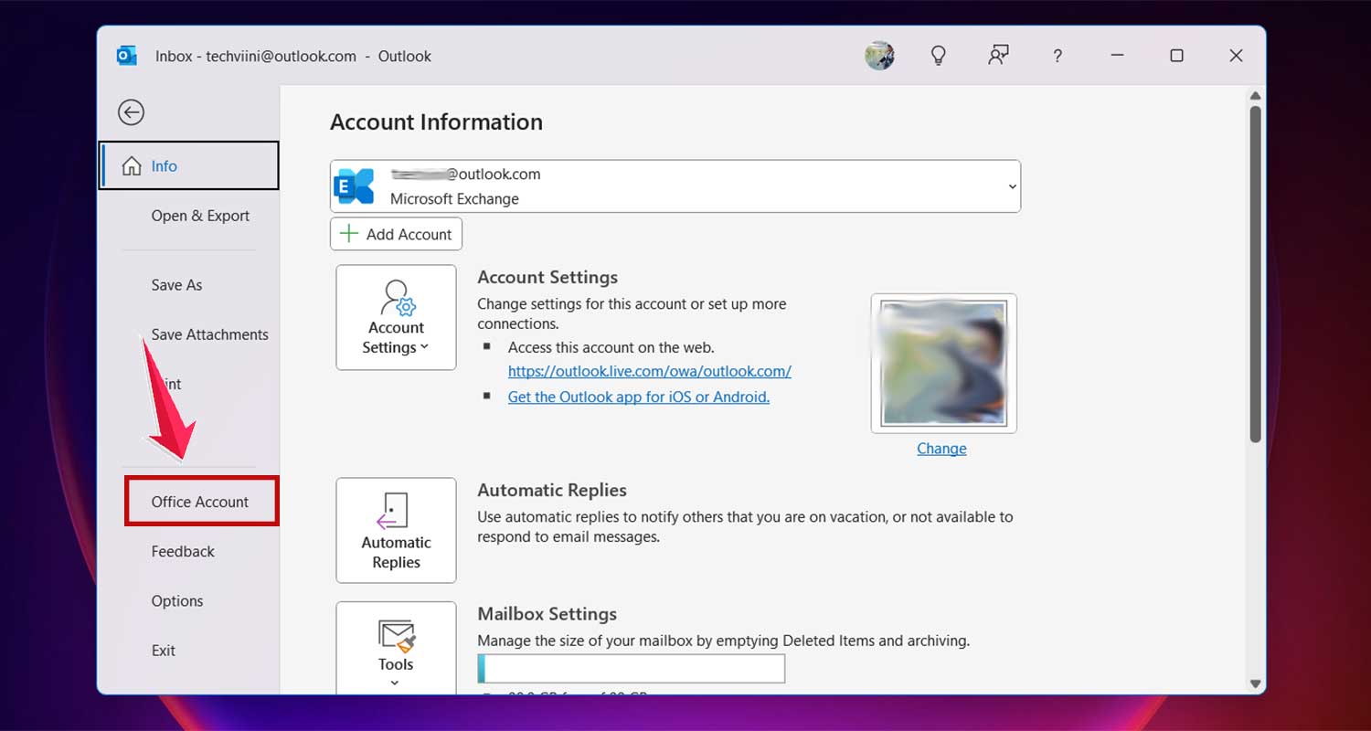 click on the office account in outlook app in windows click on the office account in outlook app in windows