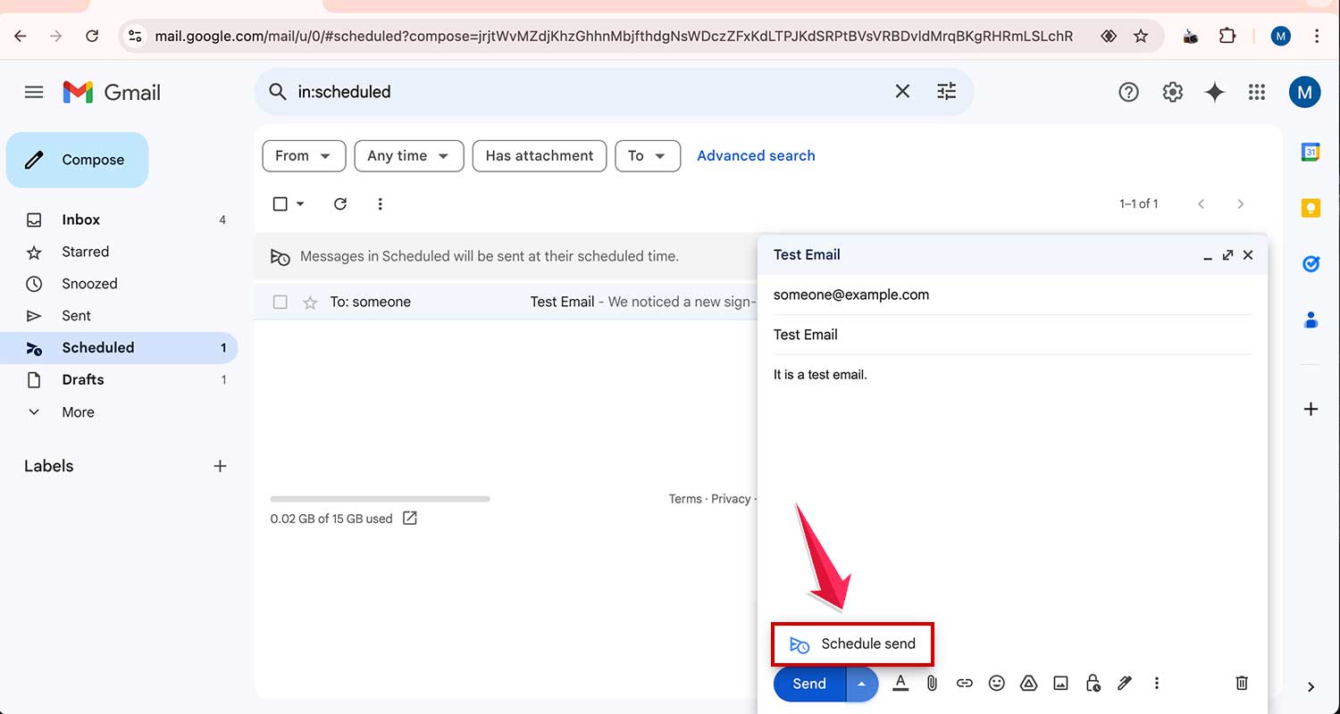 click on the schedule send to schedule the email in gmail web