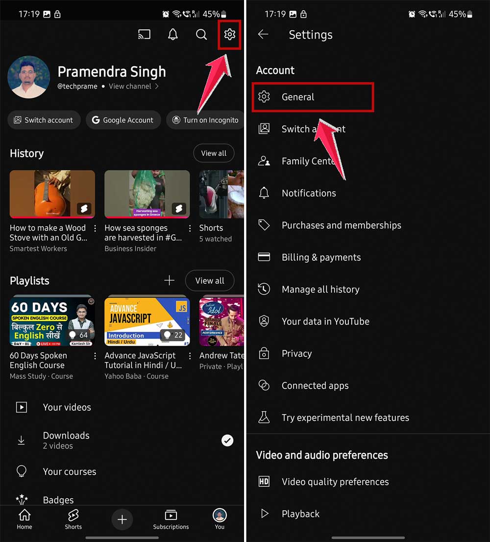 click on the settings icon and then click on general in youtube app in android