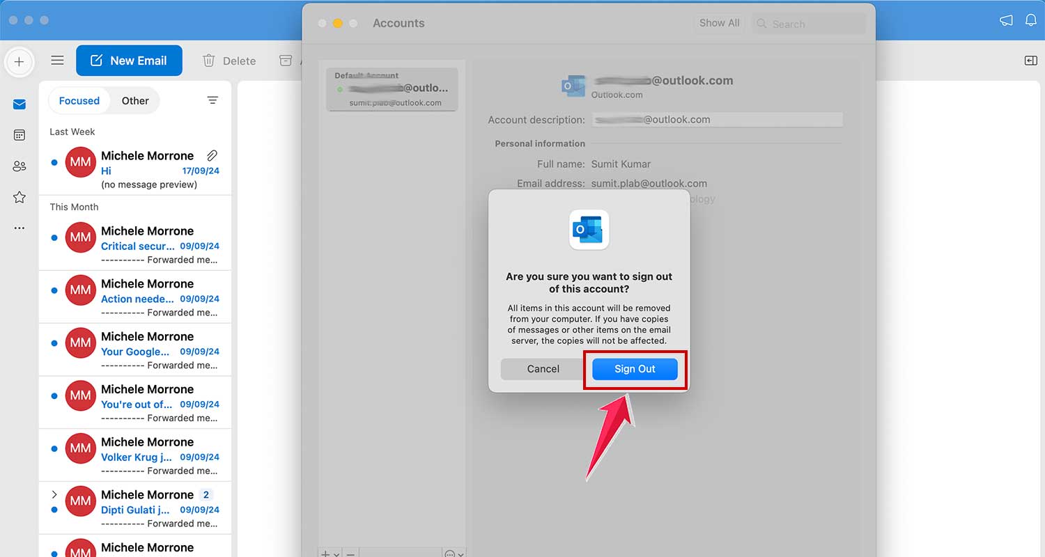 click on the sign out in outlook app in mac click on the sign out in outlook app in mac