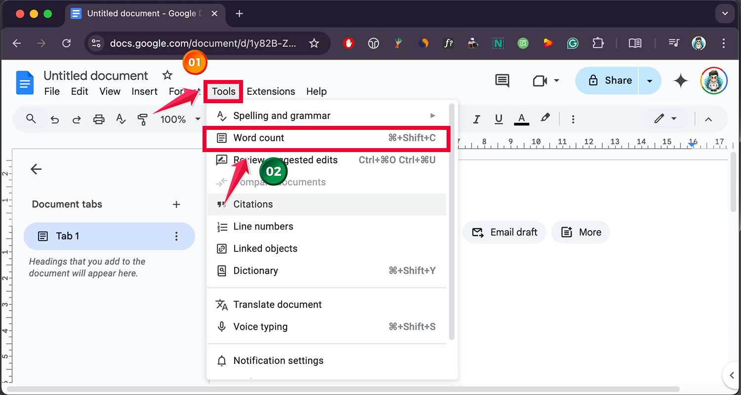 click on tools then tap on word count google sheet