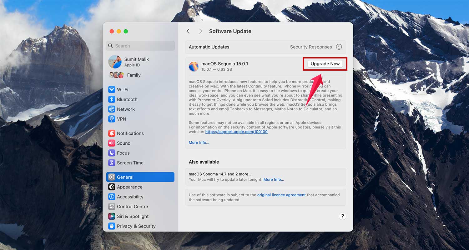click on upgrade now in settings in mac