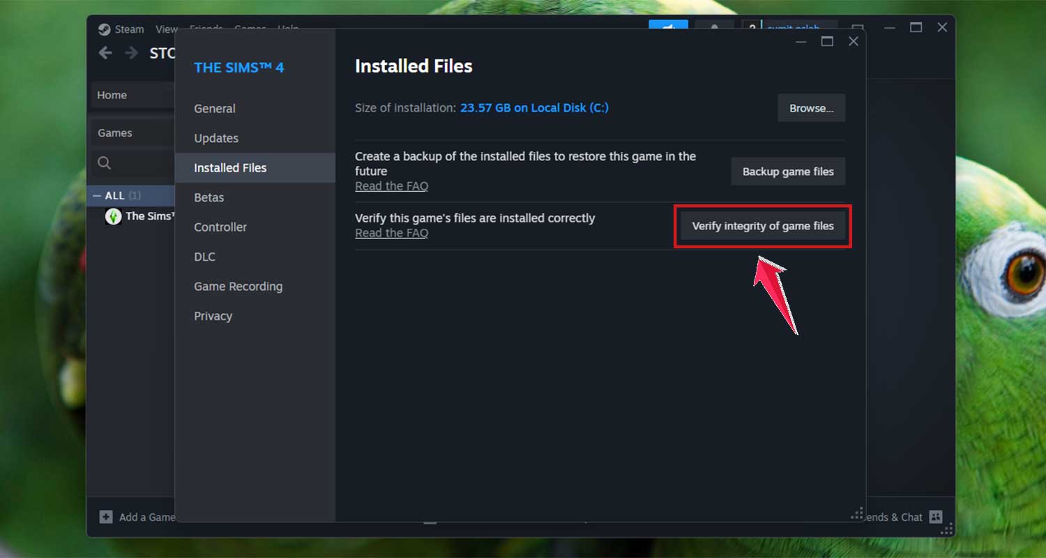 click on verify integrity of game files in steam app in windows