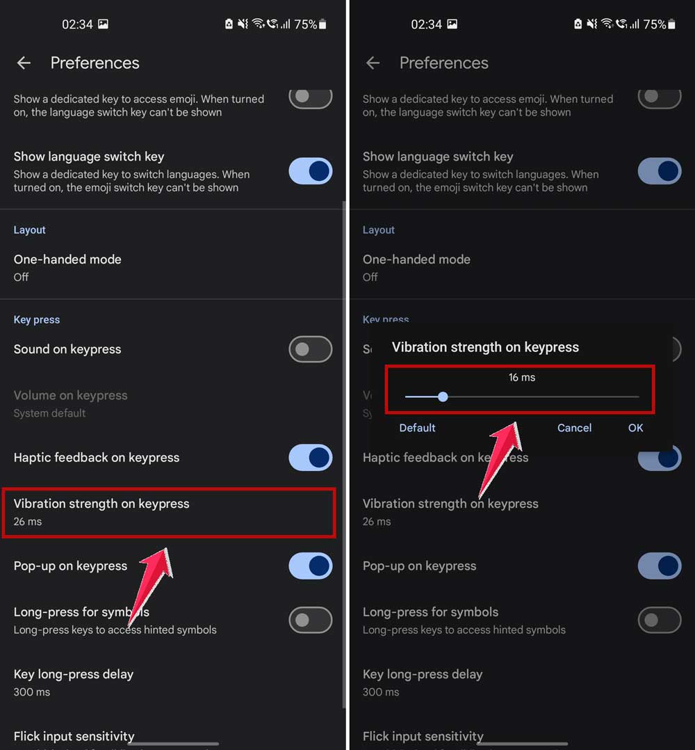 click on vibration strength on keypress and adjust intensity in gboard