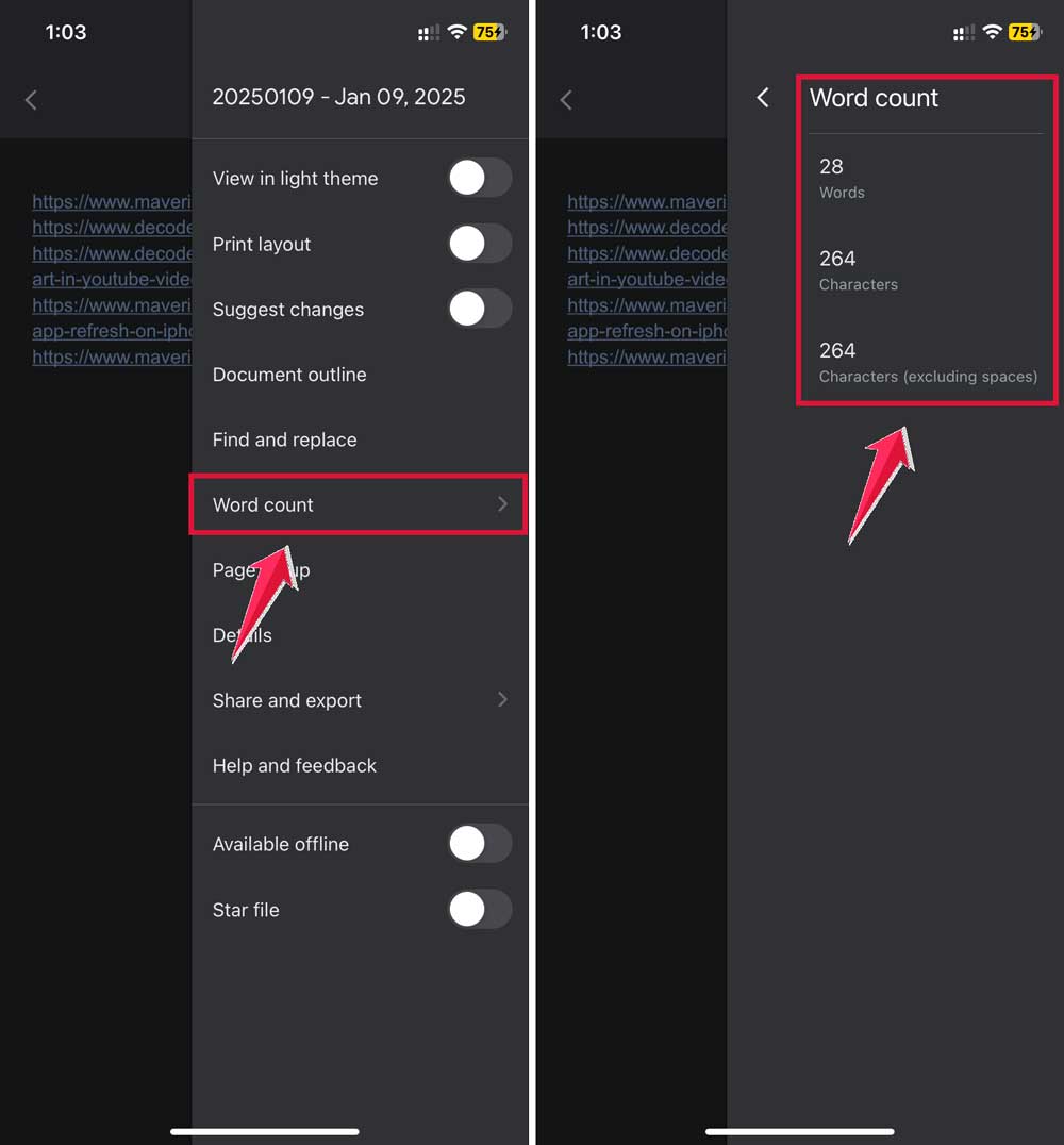 click on word count then open menu bar