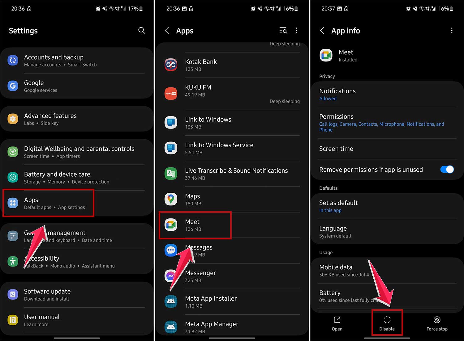 disable google duo meet app in android