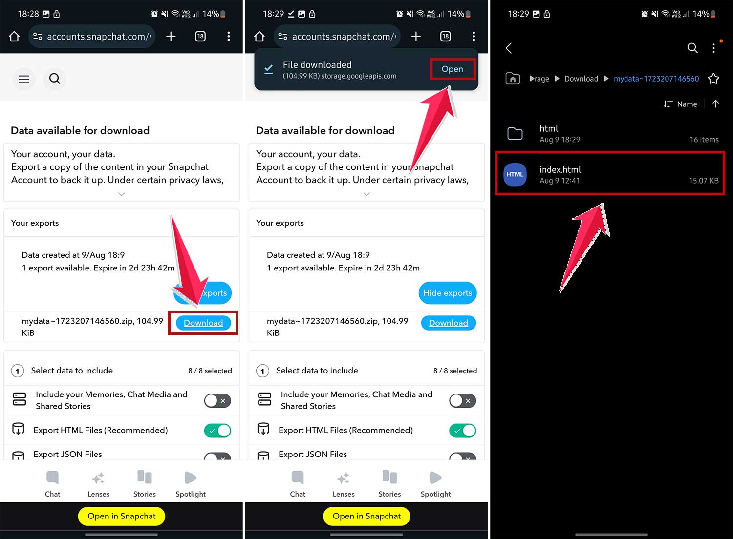 download snapchat data and open index file to see snapchat history