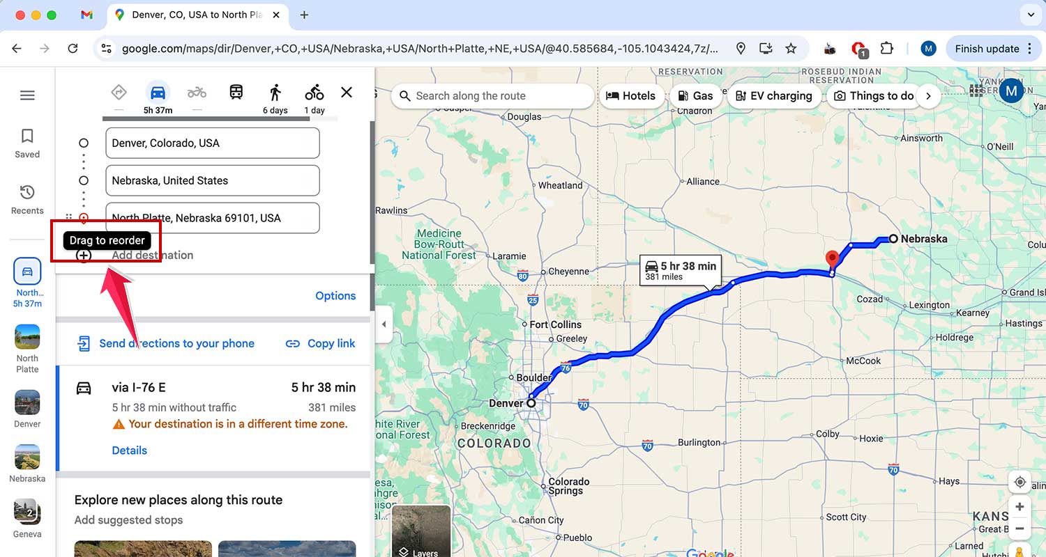 drag to reorder the stops in google maps web