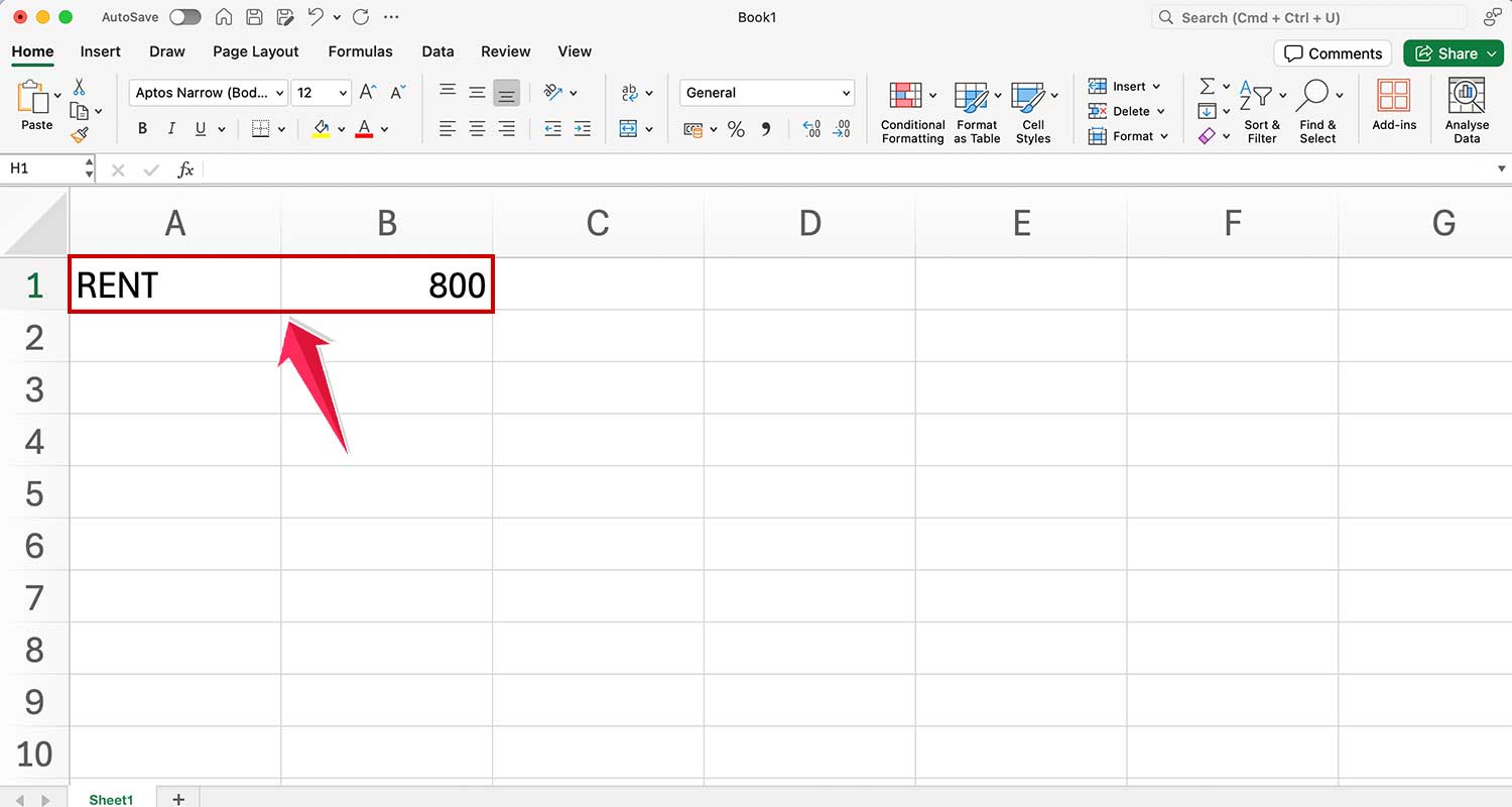 enter rent in cell a1 and value in cell b1 in ms excel