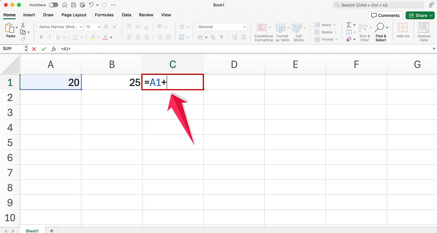 enter + sign in cell a3 in ms excel