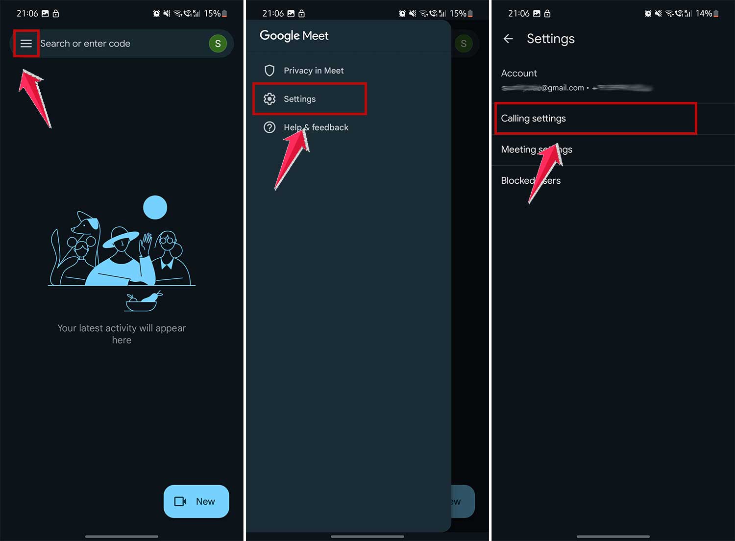 go to calling settings in google meet app