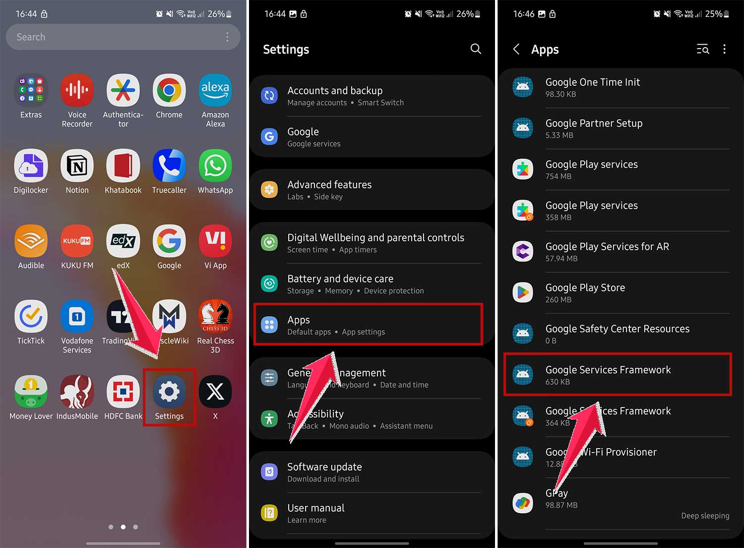 go to ggogle services framwework in settings in android go to ggogle services framwework in settings in android