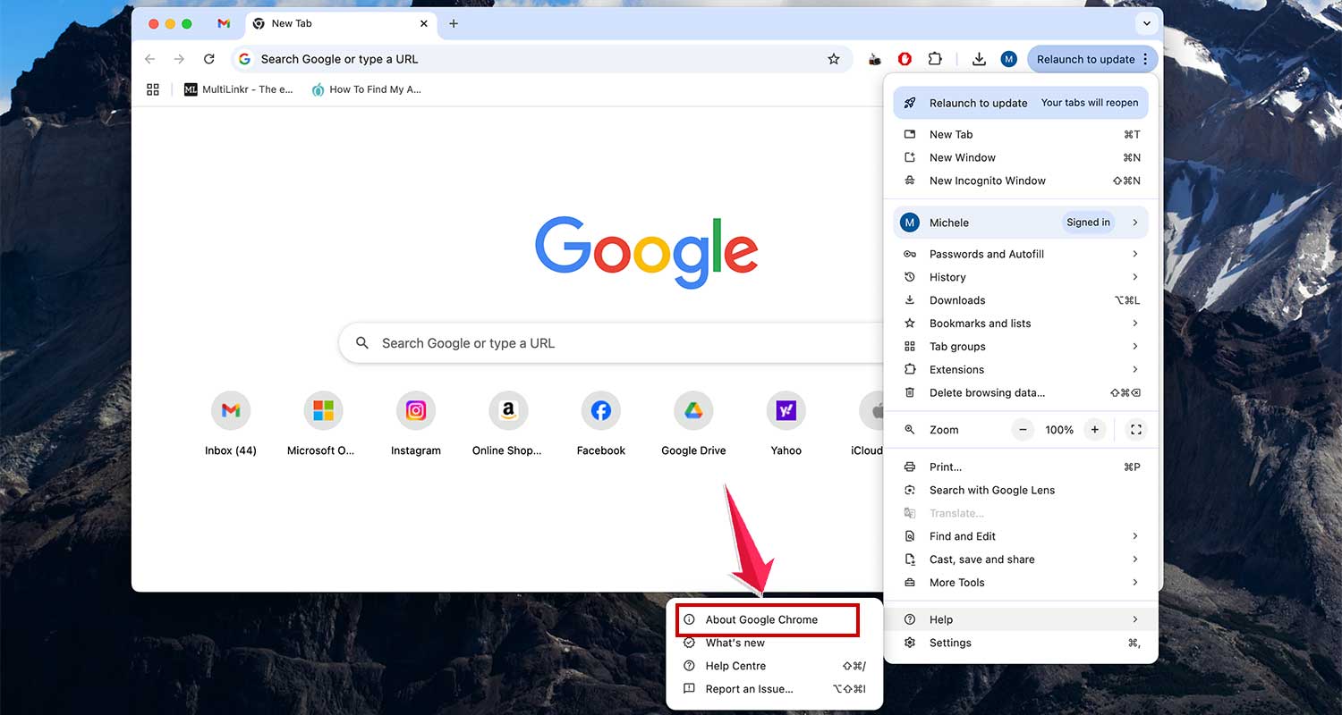 go to help and then click on about google chrome in mac