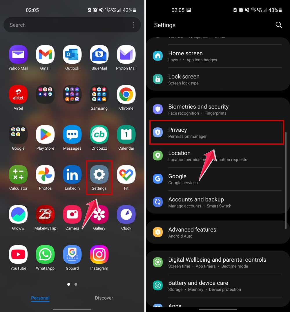 go to privacy in settings android
