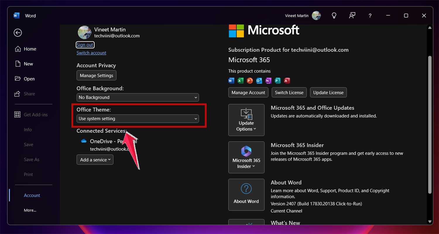 look for office theme in account menu in ms word in windows