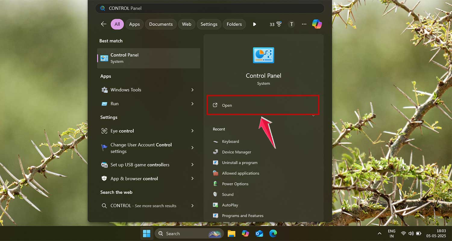 open contro panel in windows