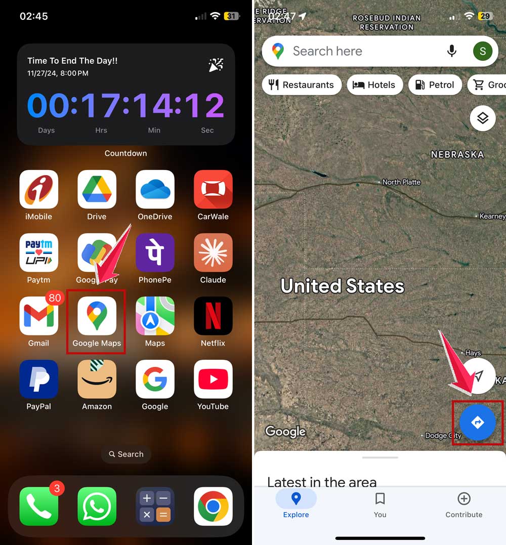 open google maps and click on blue direction icon in iphone