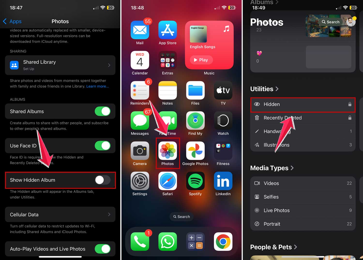 open hidden photos in photos app in iphone