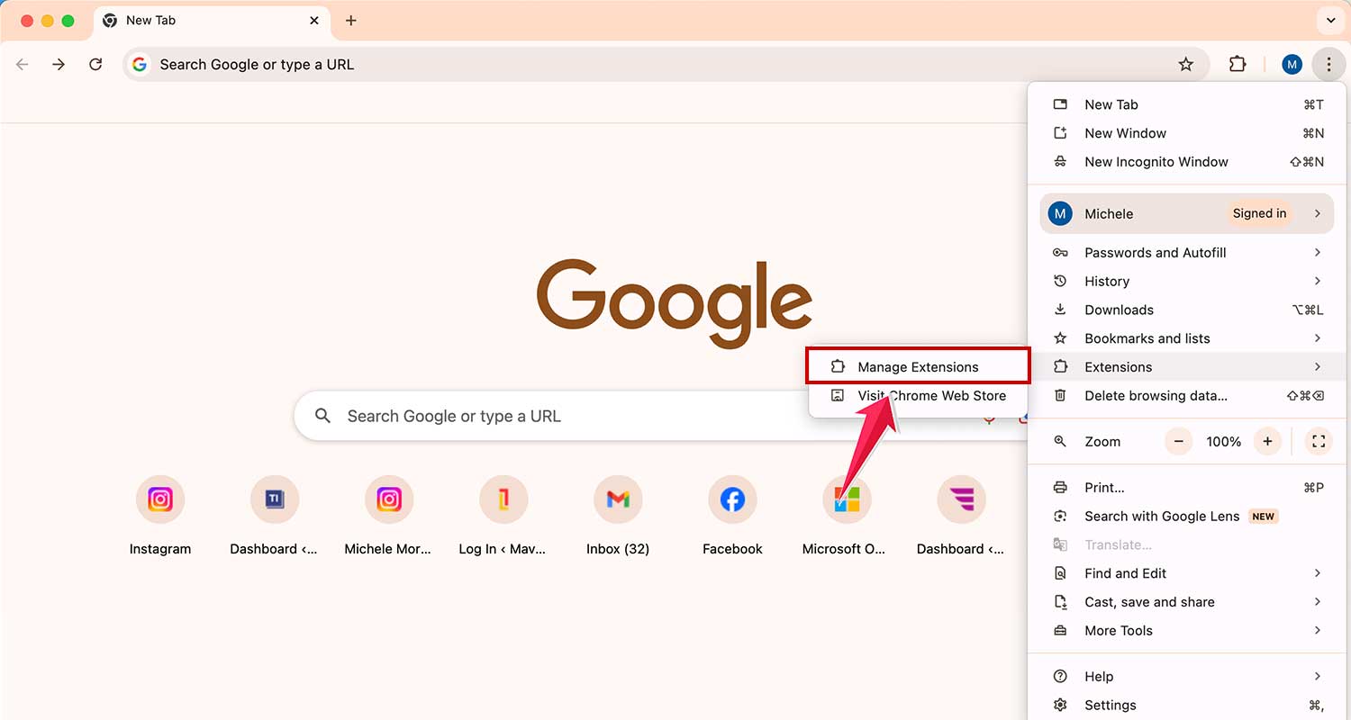 open manage extensions window in chrome
