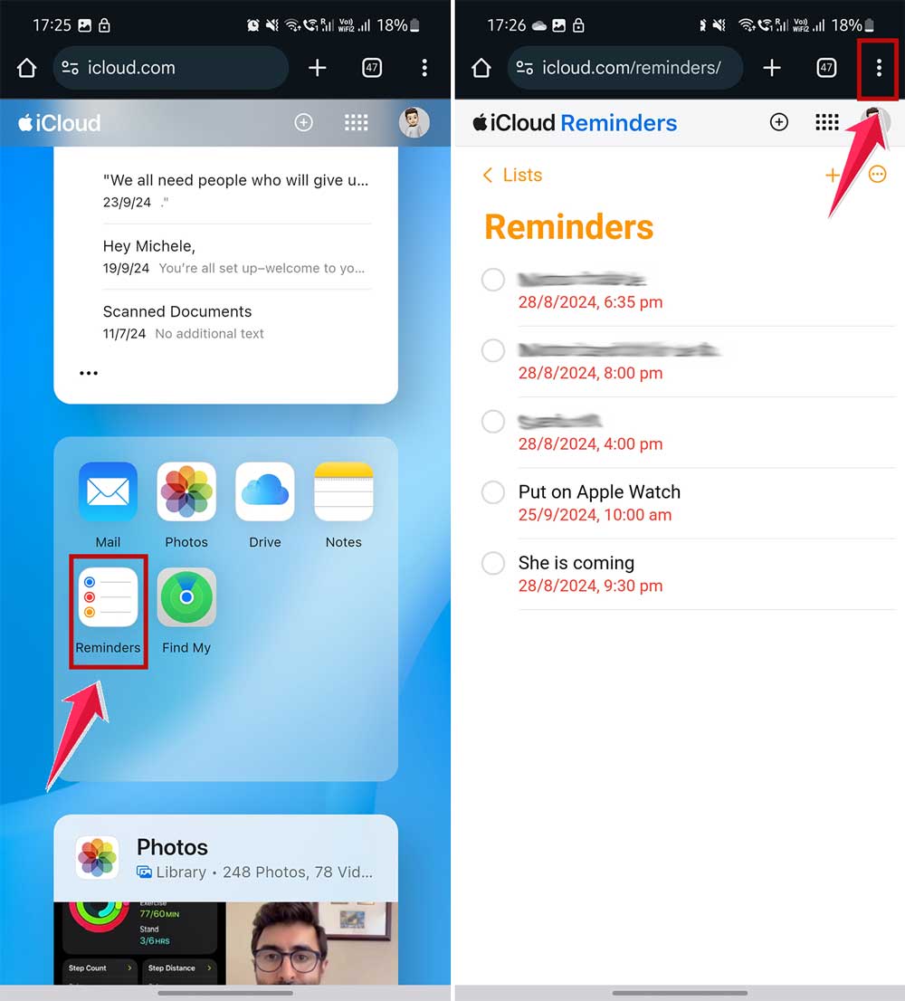 open reminder app on icloud.com and then click on three dots in chrome in androoid