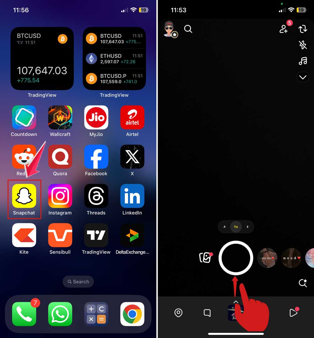 open sanpchat app and swipe up to open memories