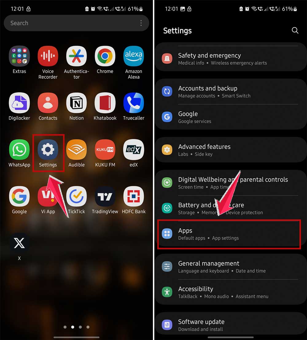 open settings and click on apps in android