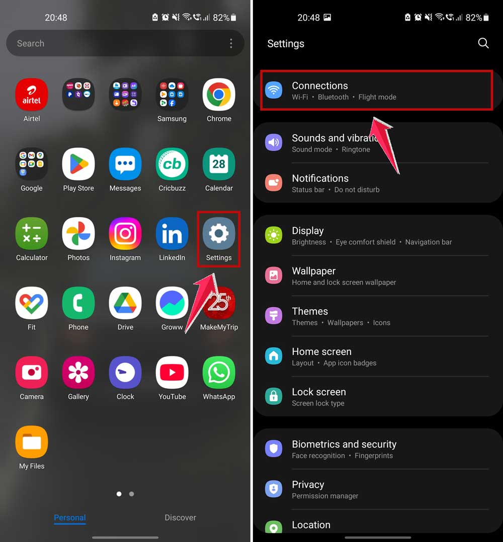 open settings and click on connections in android