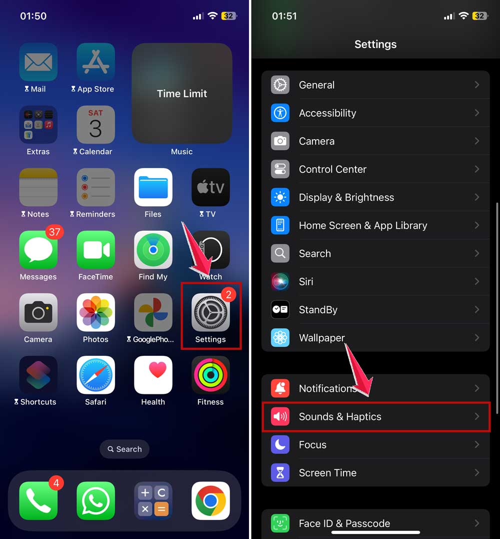 open settings and click on sound and haptic in iphone