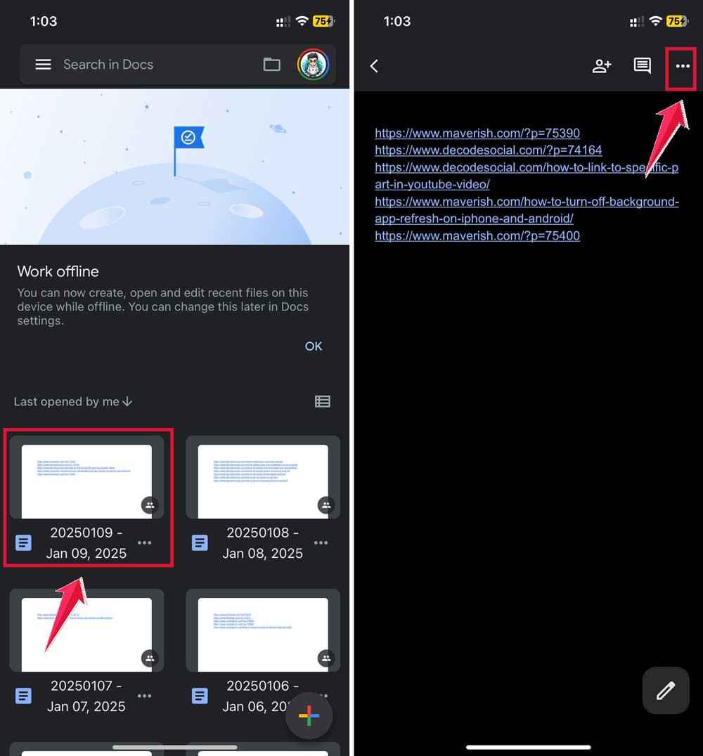 open the doc then tap on three dots google sheet iphone