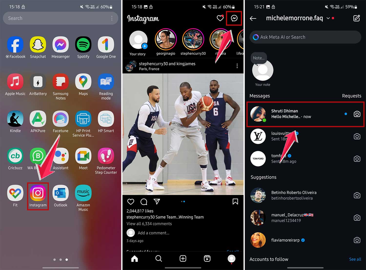 open unread messages on instagran app