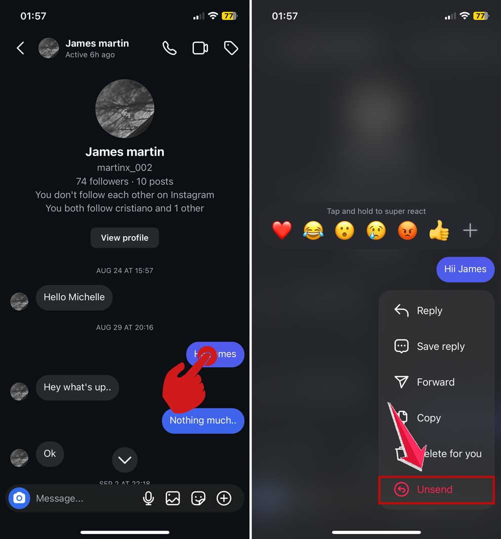 press hold on a message and then click unsend on instagram app in iphone