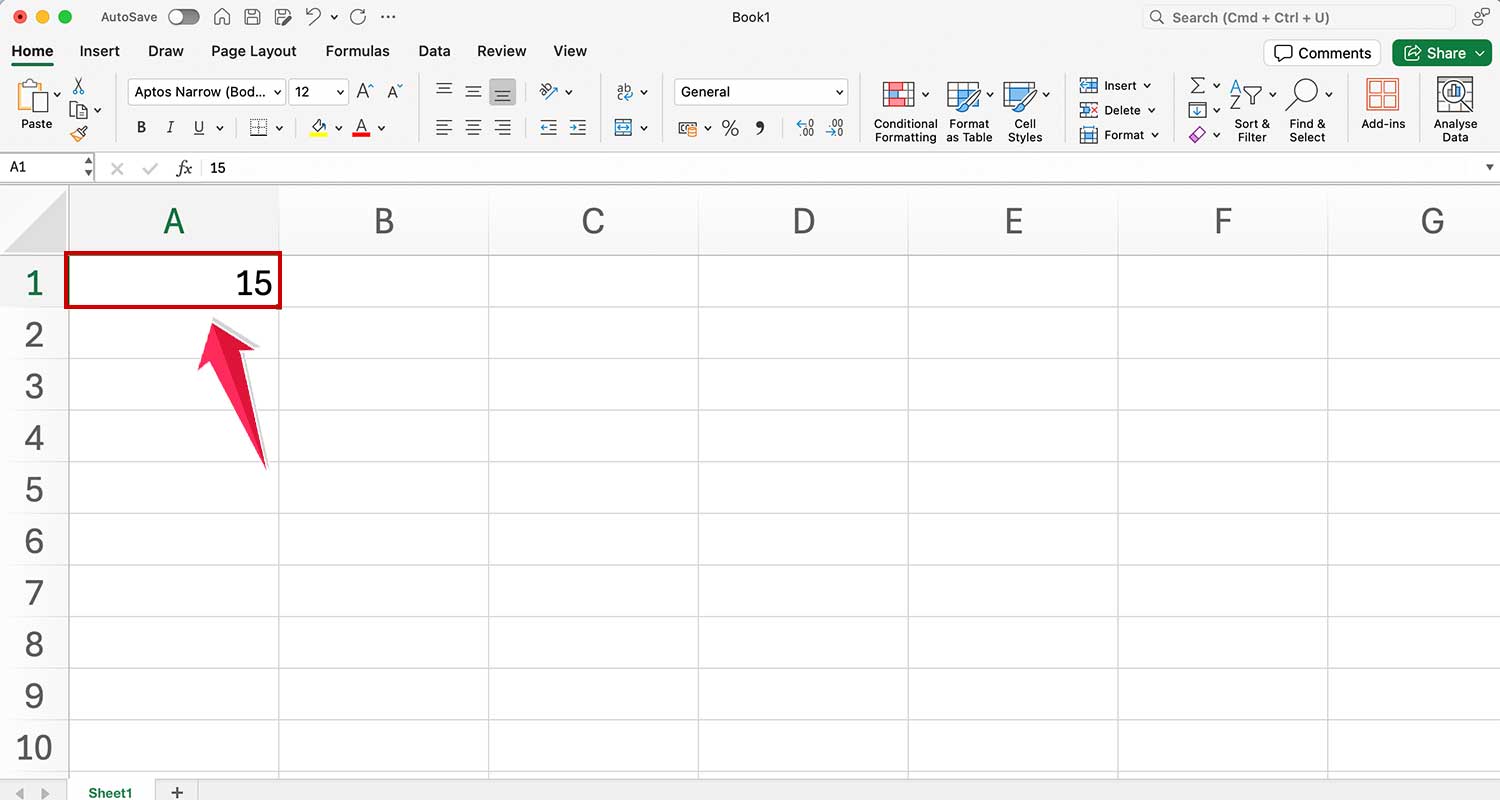 put 15 in cell a1 in ms excel